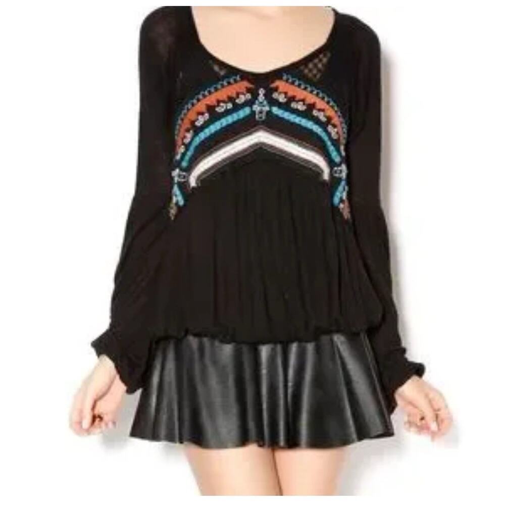 Free People New World Boho Long Sleeve Embroidered Scoop Neck Top Aztec XS